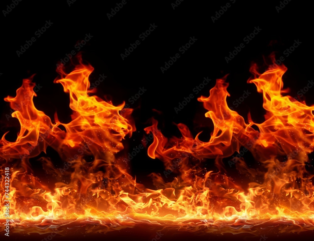 Obraz premium Symmetrical Wall of Intense Flames on Black Background