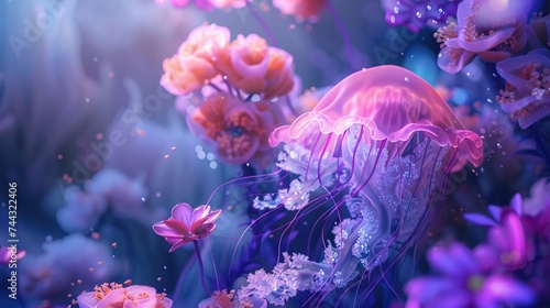 Craft a hybrid mix of jellyfish and flowers their fusion creating a surreal floating bloom in the oceans depths © BOMB8