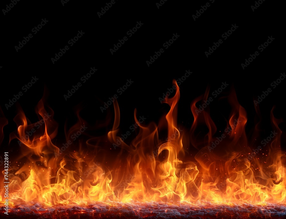Dynamic Flames Rising Against a Black Background with Intense Heat and Vivid Colors Dynamic Flames Rising Against a Black Background with Intense Heat and Vivid Colors