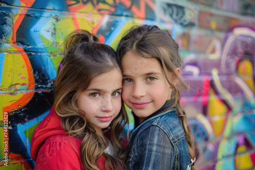Portrait of two young girl in front of graffiti wall