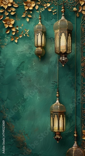 Exquisite gold-detailed nakheel with lanterns on green for a luxurious Eid message. photo