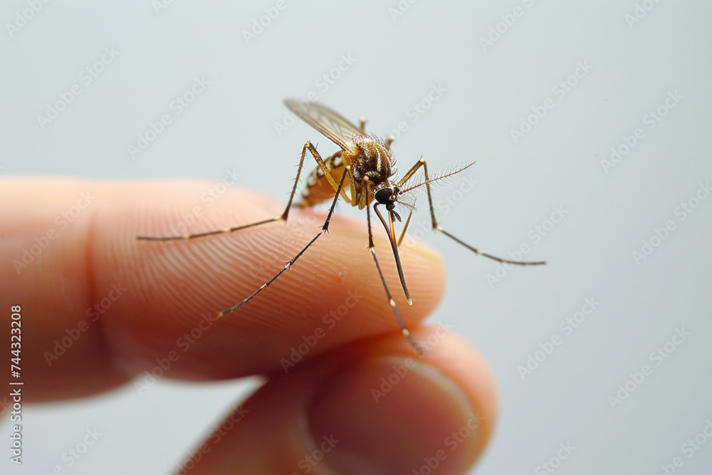Hand holding mosquito isolated on gray background, animal pest unhealthy Hand holding mosquito isolated on gray background, animal pest unhealthy