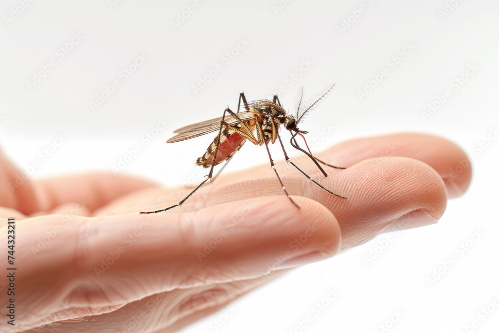 Hand holding mosquito isolated on gray background, animal pest unhealthy Hand holding mosquito isolated on gray background, animal pest unhealthy