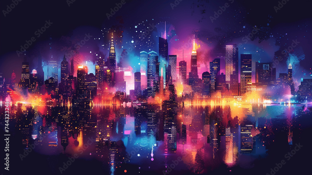 An abstract city skyline at night, illuminated with neon lights and vibrant colors, creating a futuristic and urban-inspired t-shirt graphic.