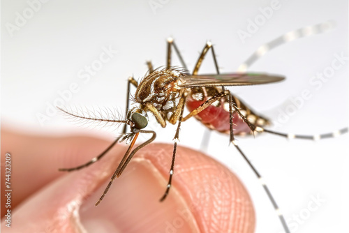 Hand holding mosquito isolated on gray background, animal pest unhealthy