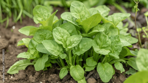 A small bush of leafy green spinach grows in a verdant patch of the garden its deep emerald leaves offering a powerhouse of nutrients and a refreshing crunch.