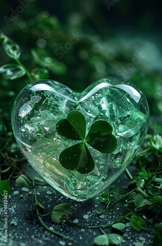 Discover the Charm: Captivating Stock Photo Featuring a Lush Clover Nestled Within a Beautifully Crafted Glass Heart