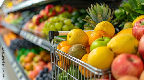Full shopping cart with fruits and vegetables inside supermarket