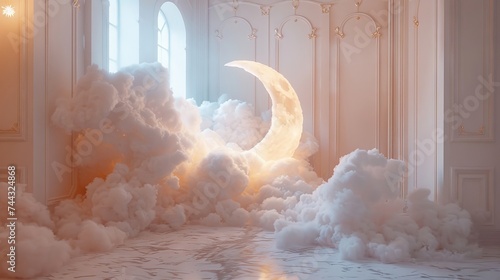 Dreamy photoshoot setup with a crescent moon prop and floating cotton clouds photo
