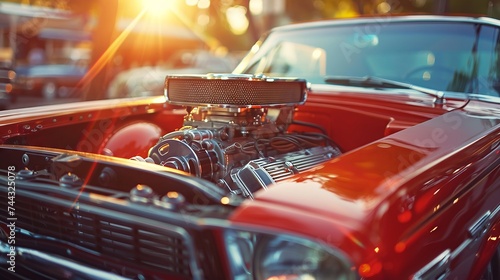 Classic muscle car engine with chrome details at a vintage car show under warm afternoon light