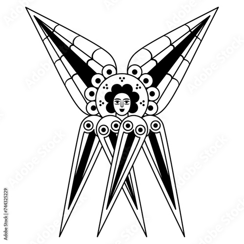 Six Winged Seraphim. Christian angel or cherub. Medieval illuminated manuscript design. Black and white silhouette.