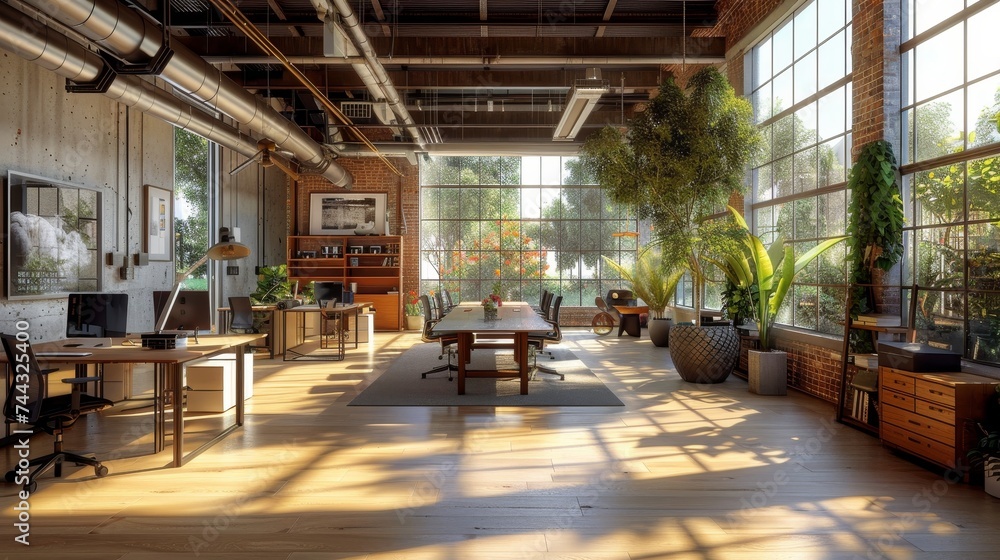 An industrial-style office space with abundant natural light, featuring a spacious wooden desk, large windows, and indoor greenery. An industrial-style office space with abundant natural light, featuring a spacious wooden desk, large windows, and indoor greenery.