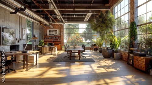 An industrial-style office space with abundant natural light, featuring a spacious wooden desk, large windows, and indoor greenery. © AshrofS
