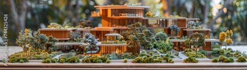 A meticulously crafted miniature landscape featuring detailed architectural models surrounded by miniature trees and bushes.