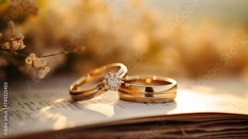 Golden wedding rings placed on top of an open book on blurred background