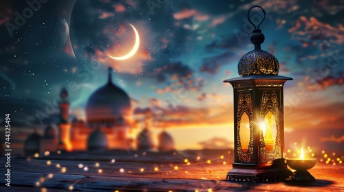 Peaceful Ramadan Kareem ambiance featuring mosque, crescent moon, and radiant lantern.