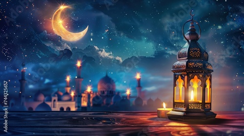 Serene Ramadan Kareem background with elegant mosque, crescent moon, and illuminated lantern.