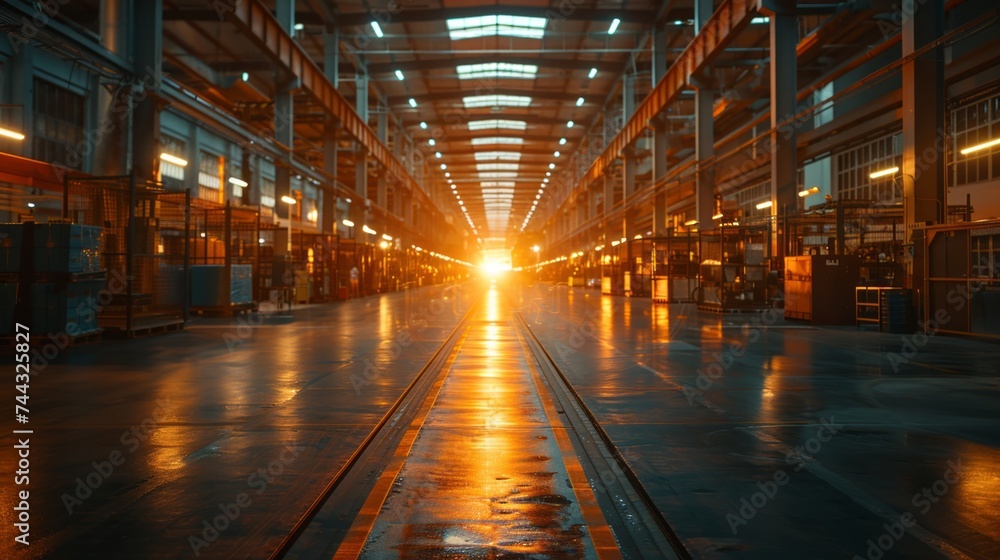 State-of-the-art manufacturing facility with precise engineering, under the glow of the sunset