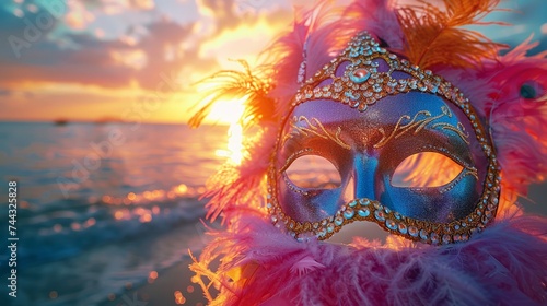 Bold, colorful mask adorned with crystals and feathers on a bright beach boardwalk at a festive parade