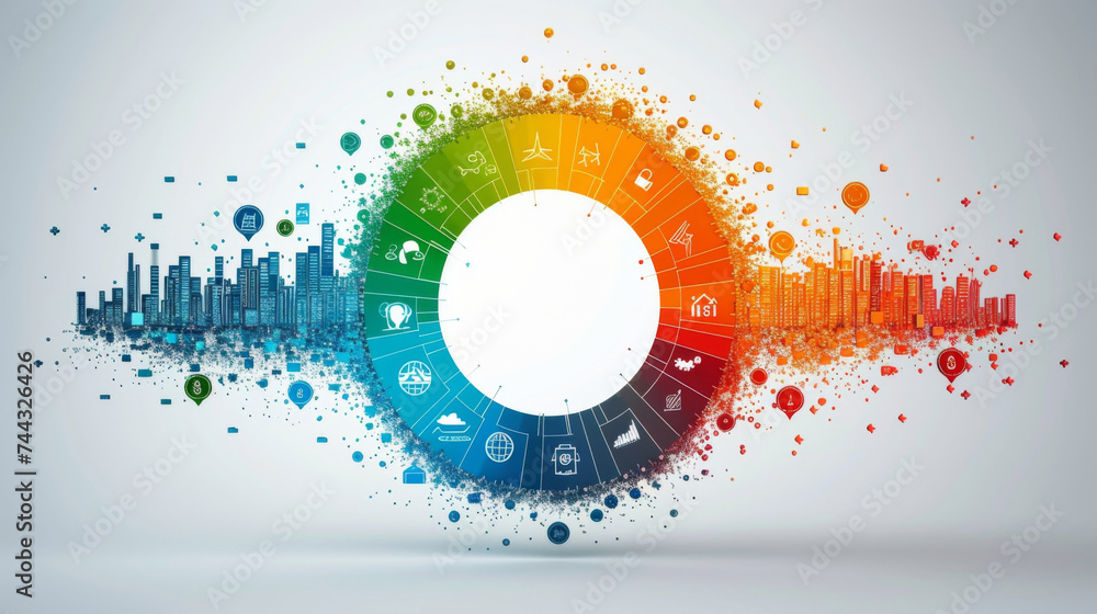 Fototapeta premium A colorful wheel graphic represents the various stages of the sustainable finance journey from raising awareness and understanding to taking action and measuring impact. Each