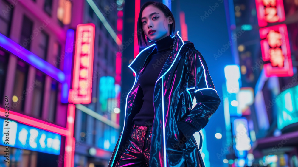 A futuristic take on the classic trench coat with a reflective material and neon piping. Paired with a black turtleneck and vinyl pants this look screams cyberpunk while standing