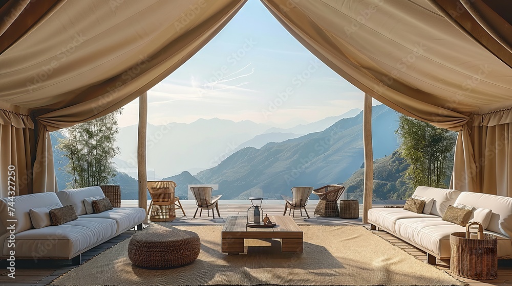Peaceful high-end tent arrangement overlooking a serene mountainous horizon - obrazy, fototapety, plakaty 