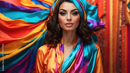 a woman standing in front of a colorful background,