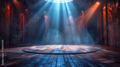 Wide-open dance studio with a ring of lights, high contrast and soft shadows