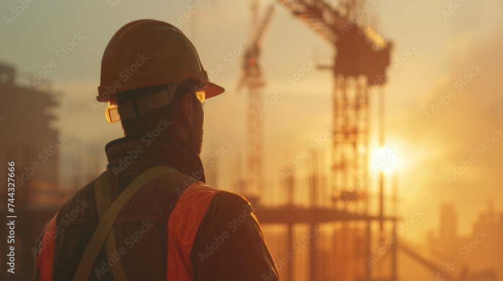 Architect in hard hat observes the tower crane operation at the construction site at sunset. AI Generated Architect in hard hat observes the tower crane operation at the construction site at sunset. AI Generated