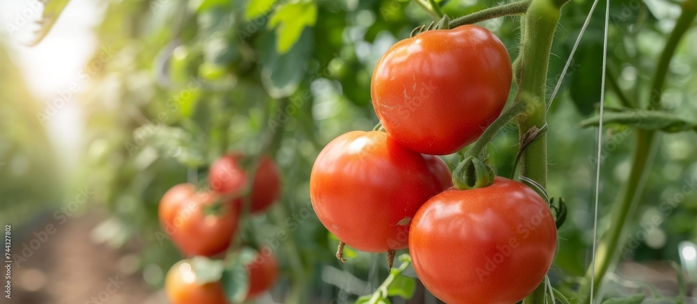Healthy red tomatoes growing on the vine in a lush garden under the sun
