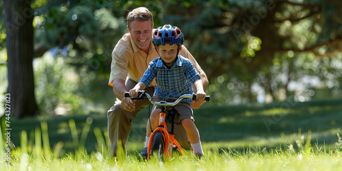 Father's Day with dad riding bike with his son in the park on a sunny afternoon