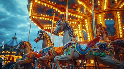 Vintage carousel with ornate horses painted in classic colors, set against an evening sky