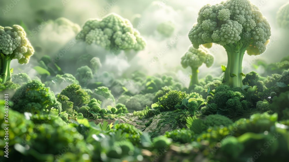 Enchanted Broccoli Forest in Misty Morning Light