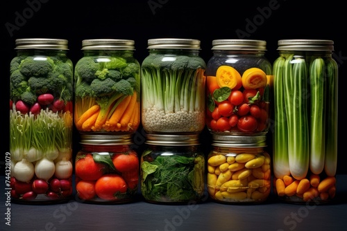Pickled vegetables jar wooden board. Natural spices. Generate Ai