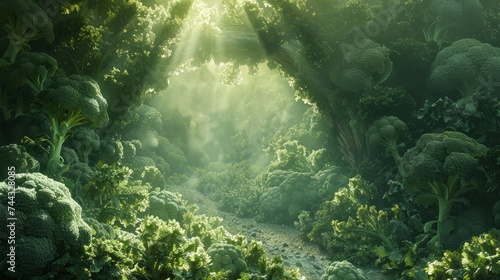 Enchanted Broccoli Forest with Sunrays Peeking Through Misty Trees © pisan