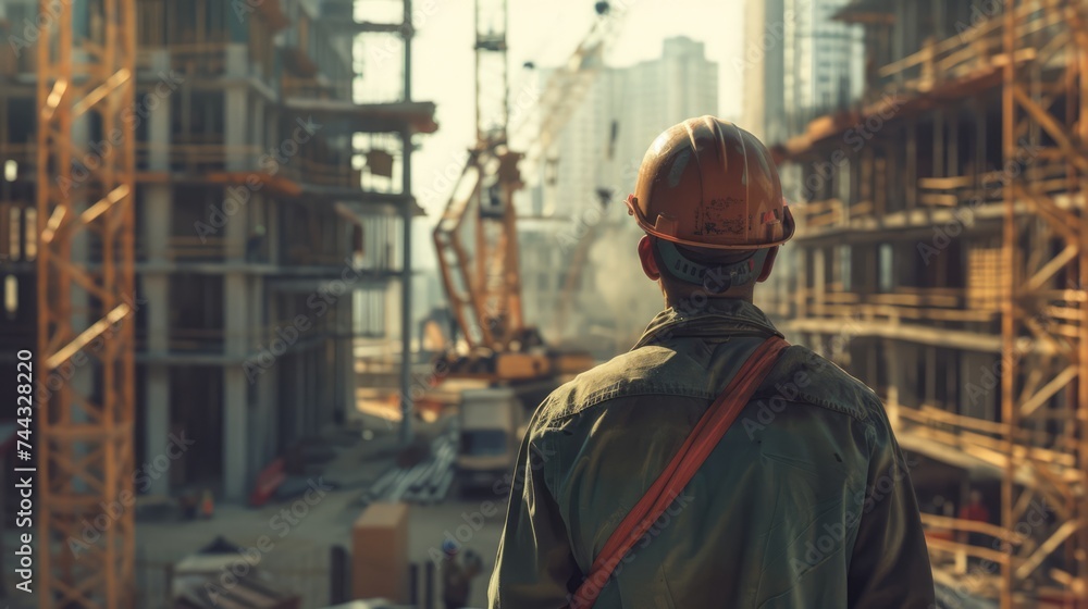 Obraz premium Worker in hard hat observes the construction site. Tower crane at the background. Men at work. AI Generated