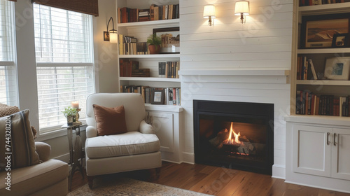 A small underutilized fireplace transformed into a functional and stylish space with a builtin bookshelf surround and a cozy reading nook. photo