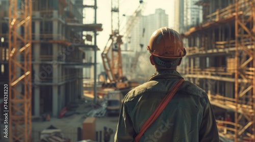 Worker in hard hat observes the construction site. Tower crane at the background. Men at work. AI Generated