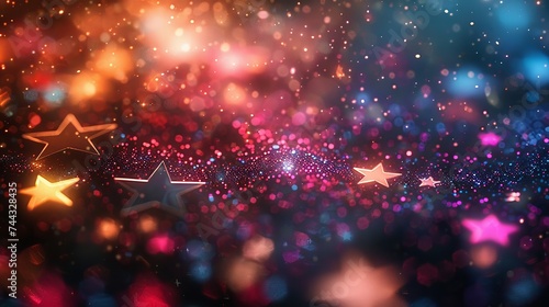 Festive surface adorned with multicolor glittery stars, celebratory mood
