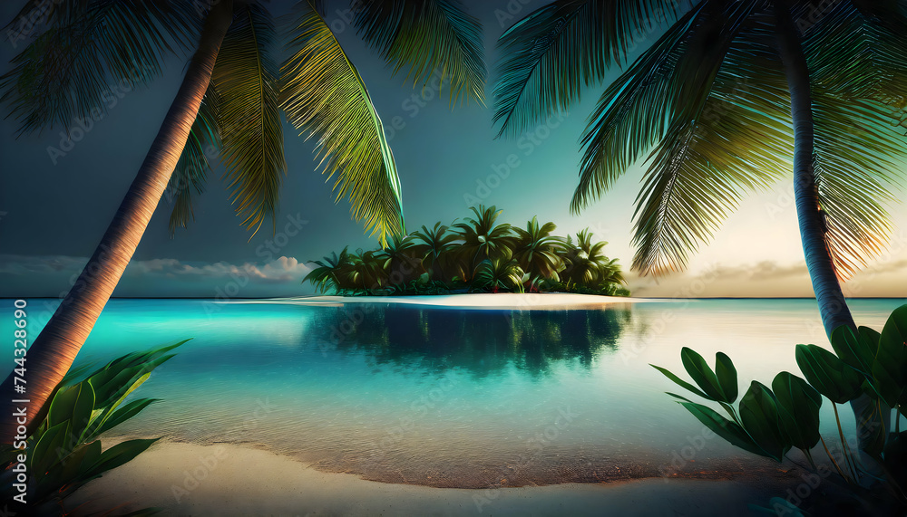 Sunny Tropical Beach With Palm Leaves And Paradise Island, shallow pond, dark blue on digital art concept.