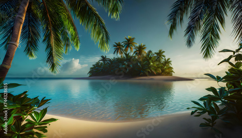 Sunny Tropical Beach With Palm Leaves And Paradise Island  shallow pond  dark blue on digital art concept.