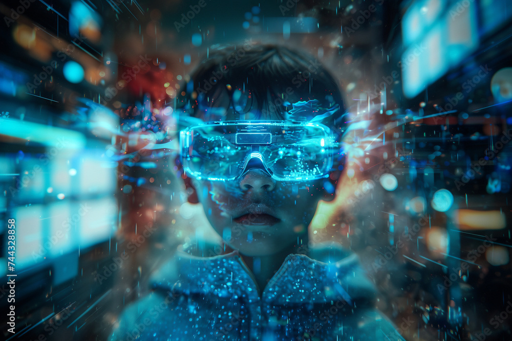 Close up portrait of futuristic kid with virtual reality goggles Close up portrait of futuristic kid with virtual reality goggles