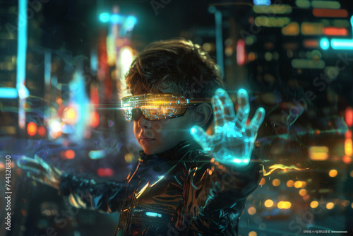 Close up portrait of futuristic kid with virtual reality goggles