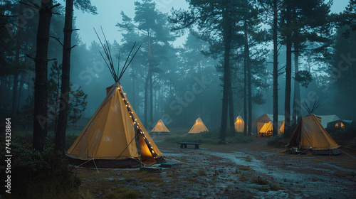 Camping site with teepee  tents and morning mist in forest