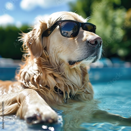 Cute golden retriever dog in sunglasses swimming in swimming pool.