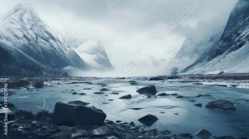 majestic frozen glacier with blue icy rocks in valley under gloomy sky