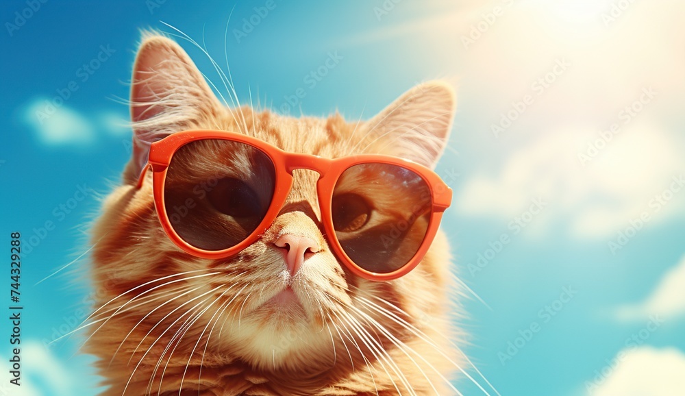 Portrait of a orange cat with orange sunglasses and blue sky background