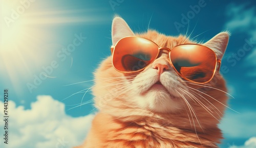 Portrait of a red cat with orange sunglasses and blue sky background