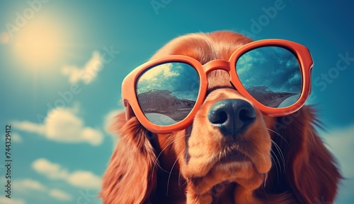 Cute dog with sunglasses. Retriever in sunglasses on sky background.