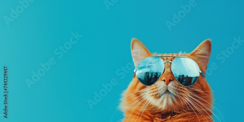 Cute ginger cat wearing sunglasses on blue background with copy space.